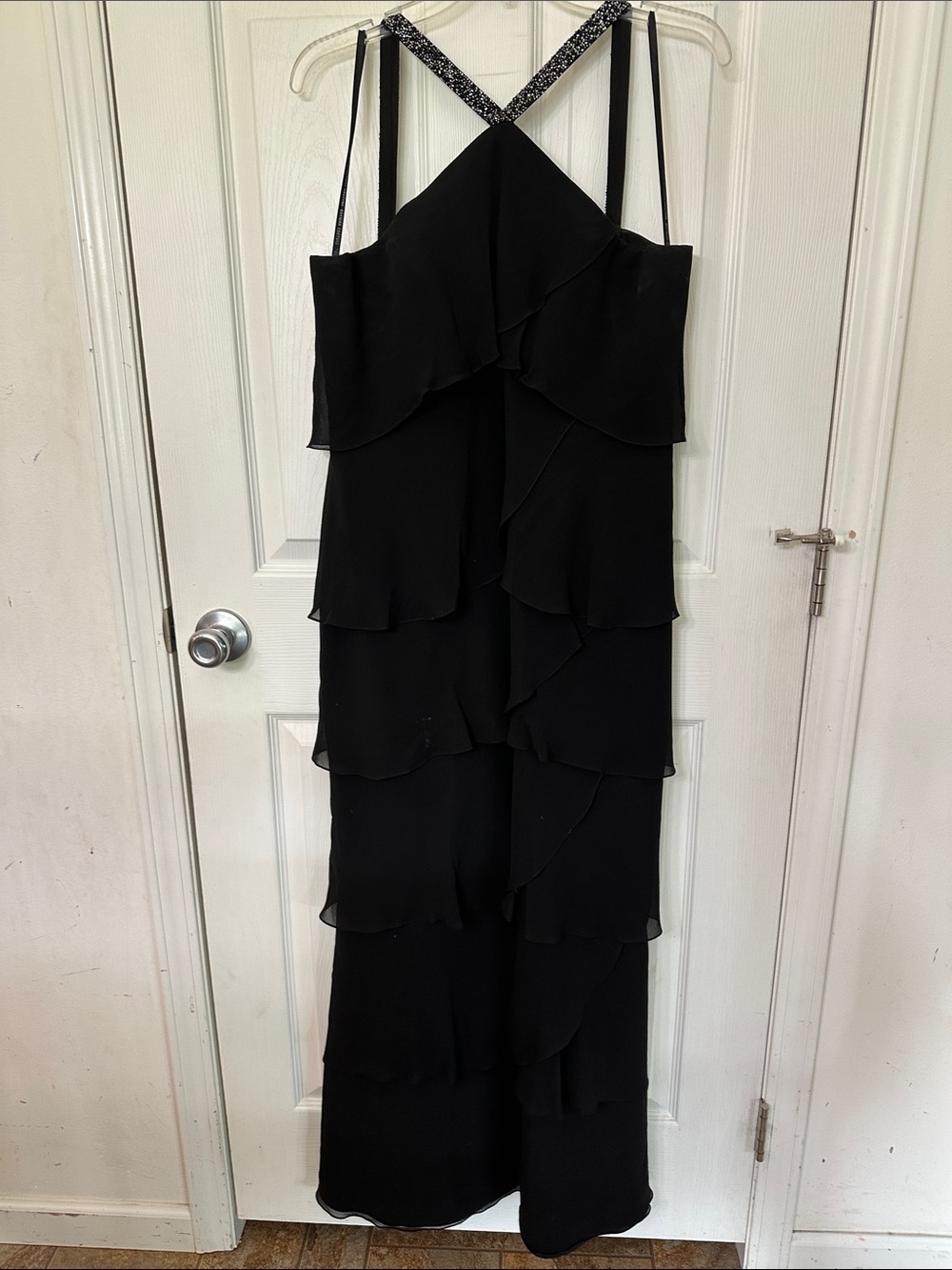 Elegant Black Tiered Maxi Dress with Sparkle Cross Straps